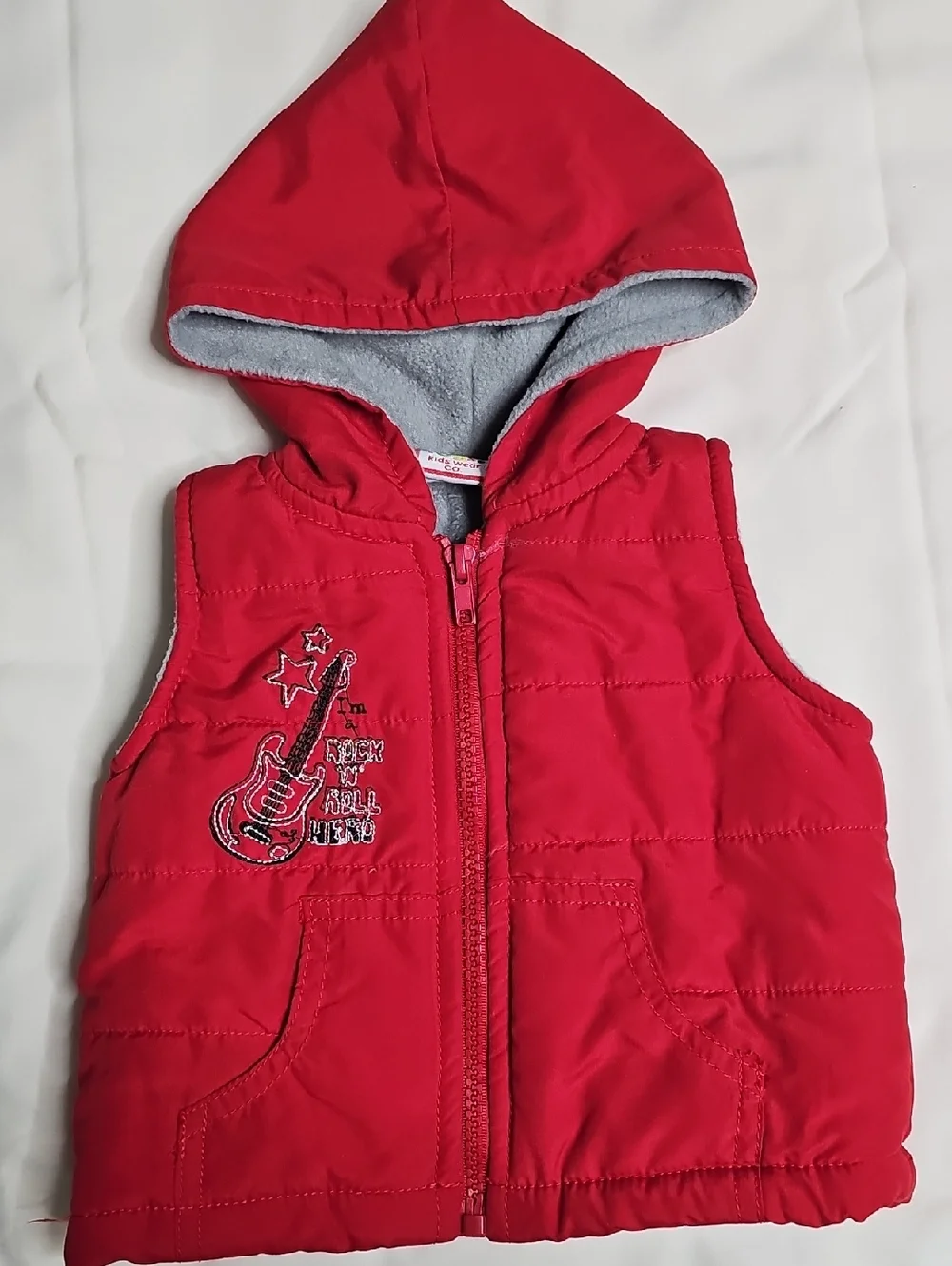 Kids Red Hooded Puffer Vest with Guitar Embroidery